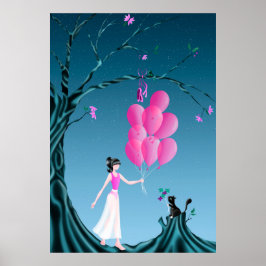 Póster Ballerina Cuta y Árbol de Medianoche de gato