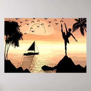 Póster Ballerina Dancing Sunset Abstract silhouette Art