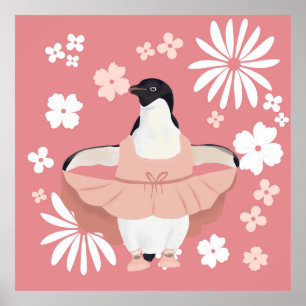 Póster Ballerina Pingüino Con Flores Rosa