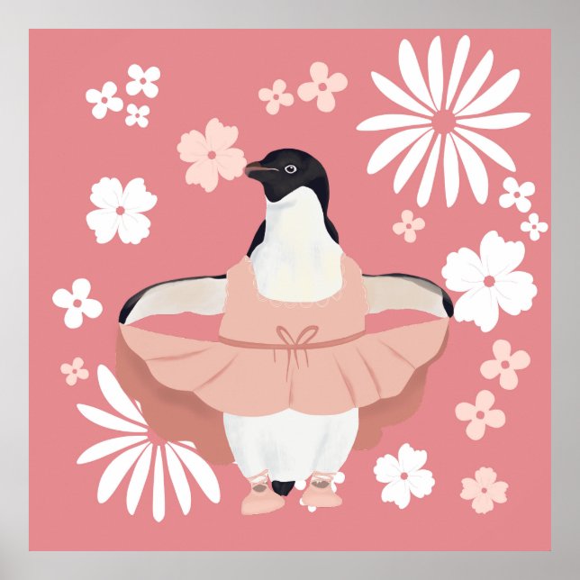Póster Ballerina Pingüino Con Flores Rosa (Frente)