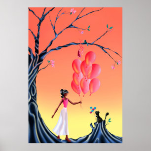 Póster Ballerina y gato cortos en el árbol del atardecer