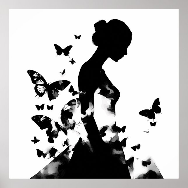 Póster Ballerina y mariposas Silhouette Black & White (Frente)