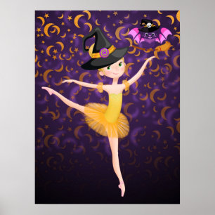 Póster Ballet Cute Ballerina Halloween Bat and Moons
