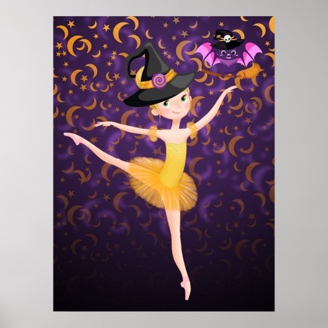 Póster Ballet Cute Ballerina Halloween Bat and Moons (Frente)