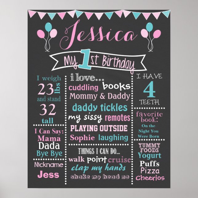 Póster Balloon Birthday Chalkboard - Poster Chica (Frente)