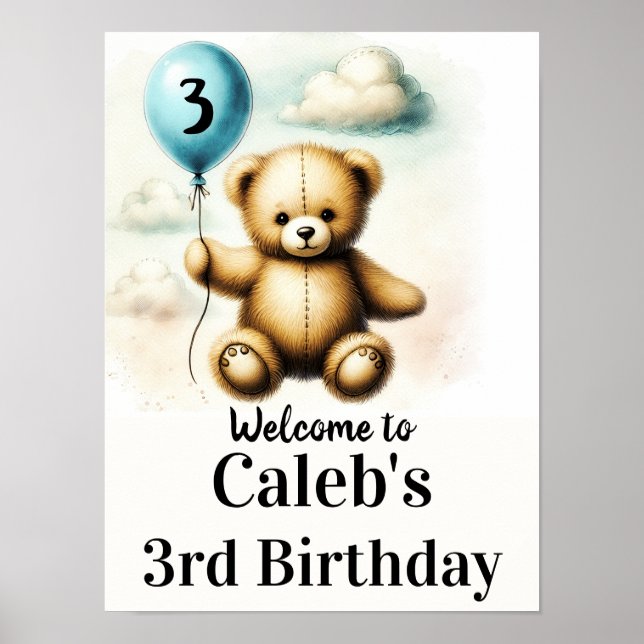 Póster Balón azul Teddy Bear Primer Rótulo de cumpleaños (Frente)