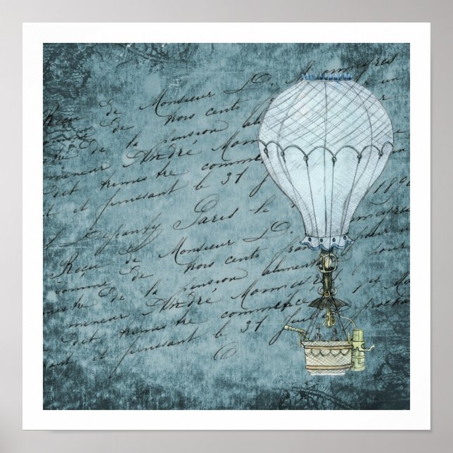 Póster Balón de aire caliente de escritura azul Steampunk (Frente)