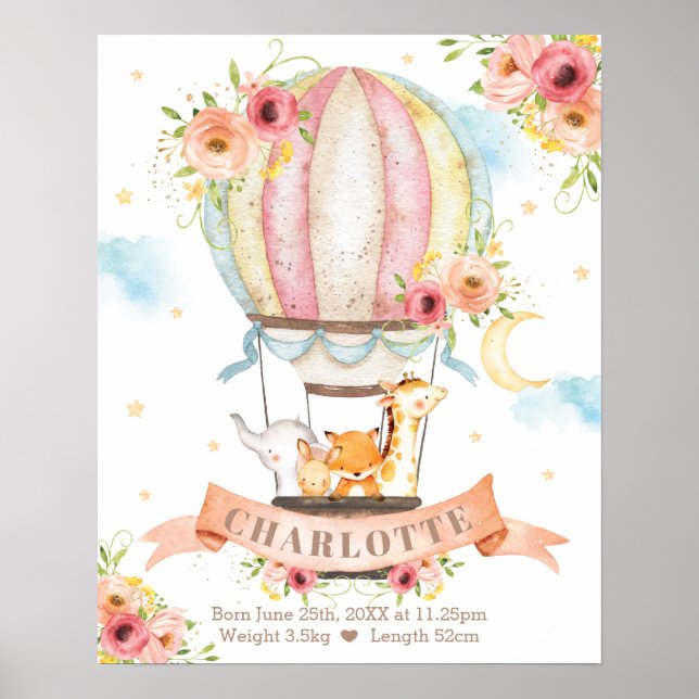 Póster Balón de aire caliente floral Animales Chicas Esta (Frente)
