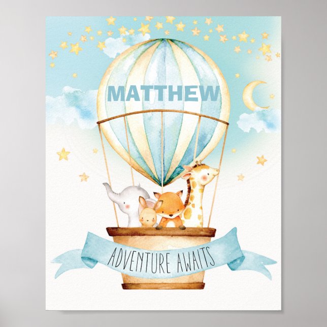Póster Balón de aire caliente Jungla de animales niño con (Frente)