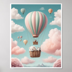 Póster Balón de aire caliente nubes onduladas cielo de co