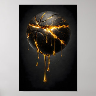 Póster Balón de Baloncesto Negro Agrietado con Oro Líquid