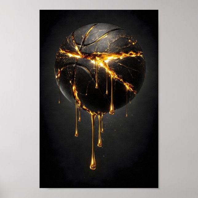 Póster Balón de Baloncesto Negro Agrietado con Oro Líquid (Frente)