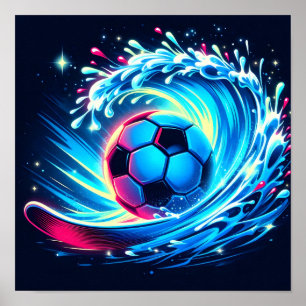 Póster Balón de fútbol de olas futurista océano surf