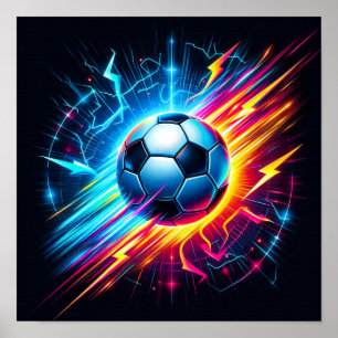 Póster Balón de fútbol eléctrico futurista relámpago