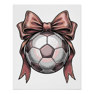 Póster Balón de Fútbol Vintage con Lazo Rosa