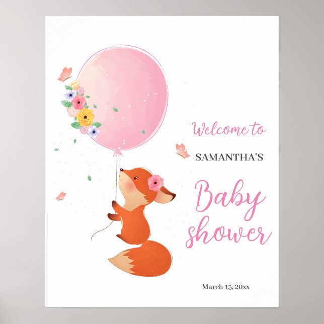 Póster Balón rosa florido ducha bebé bienvenida cartel de (Frente)