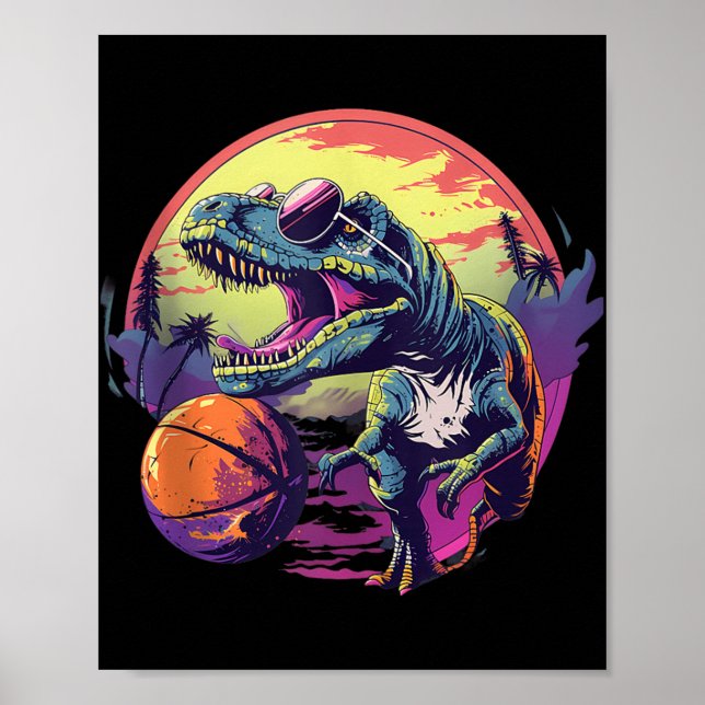 Póster Baloncesto Dino T-rex Drawing Basketball Player Na (Frente)