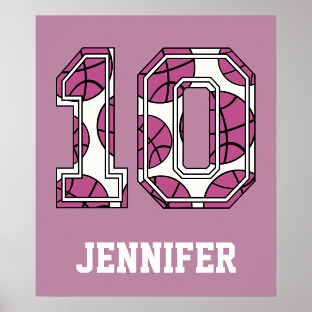 Póster Baloncesto personalizado número 10 rosa y blanco (Frente)