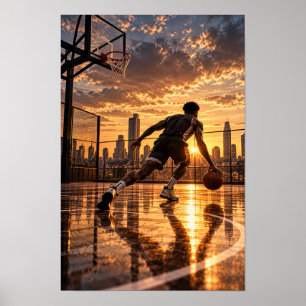 Póster Baloncesto Urbano en el Atardecer – Silueta de la
