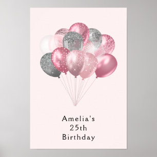 Póster Balones purpurinas de color rosa y plateado Cumple