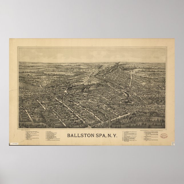 Póster Balston Spa New York 1890 Mapa Panorámico Antiguo (Frente)