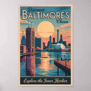 Póster Baltimore Maryland Skyline Travel Art Vintage