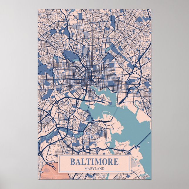 Póster Baltimore Maryland USA Breezy City Map Travel (Frente)