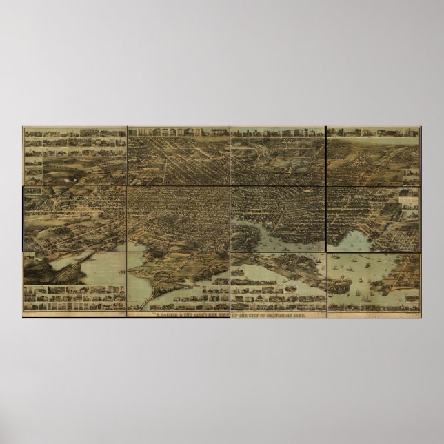 Póster Baltimore, MD Birds Eye View Panoramic Map (Frente)