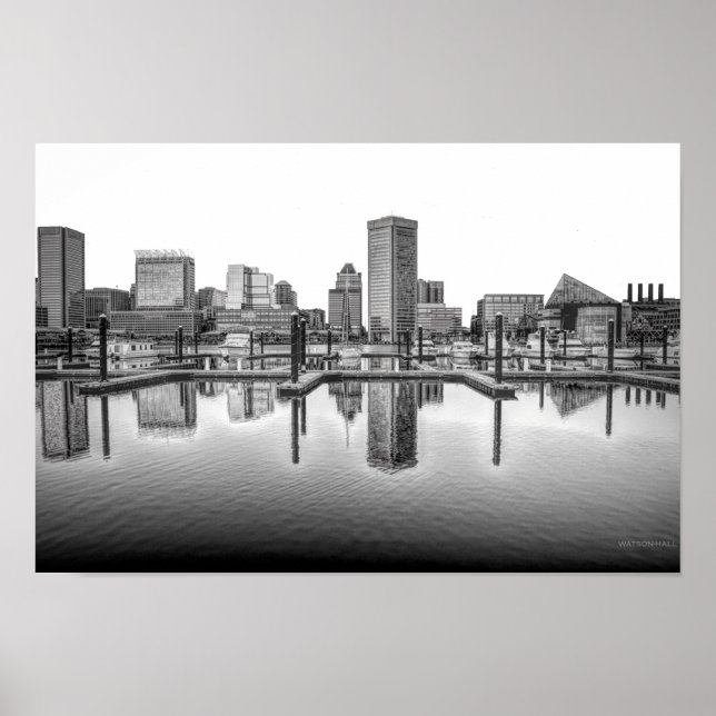 Póster Baltimore Skyline - Blanco y negro (Frente)
