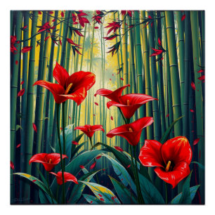 Póster bamboo forest with red callas