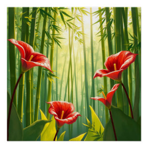 Póster bamboo forest with red callas