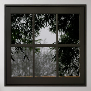 Póster Bambú deja la falsa ventana de ilusión 24x24 negro