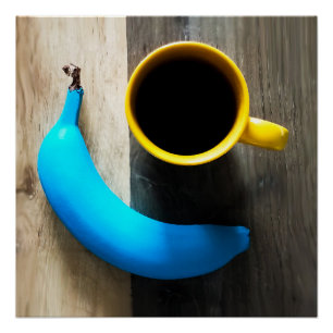 Póster Banana turquesa y tazón de café amarillo - Pop Art