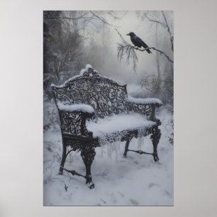 Póster Banco de hierro vintage cubierto de nieve con oscu