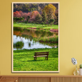 Póster Banco de jardín con vista al lago/estanque