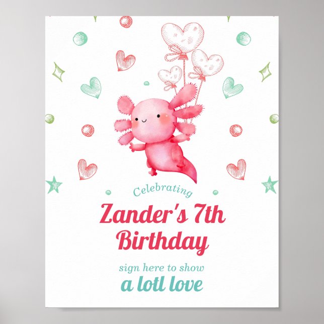 Póster Banda acuática Cute Baby Axolotl Birthday Signing (Frente)