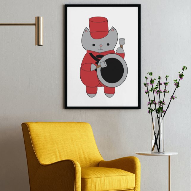 Póster Banda de marcha Bass Drummer Cat Red and Black (A cute poster of a gray cat playing the bass drum while wearing a red & black marching band uniform.)