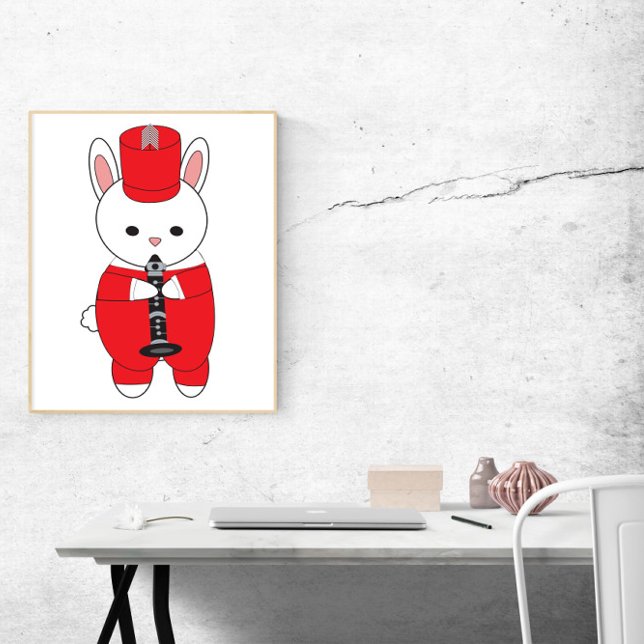Póster Banda de marcha de conejo Clarinet Blanco rojo (A poster of a cute white bunny rabbit playing the clarinet in a red and white marching band uniform.)