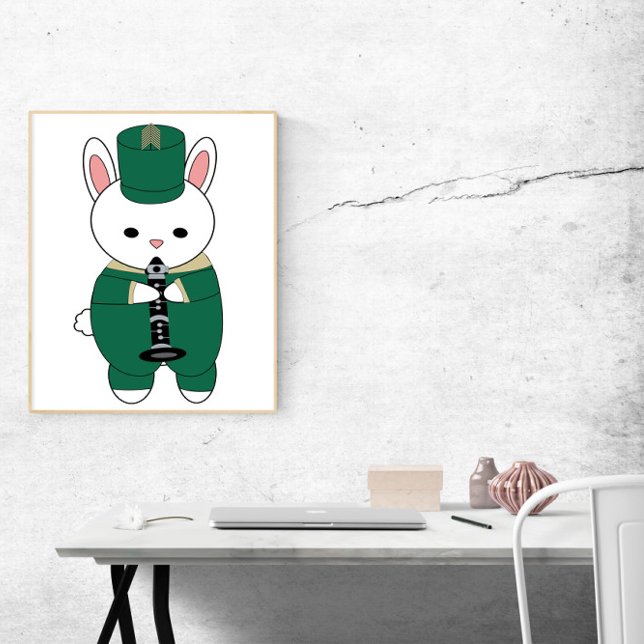 Póster Banda de marcha de conejo Clarinet Gold Verde (A poster of a white rabbit playing the clarinet wearing a green & gold marching band uniform.)