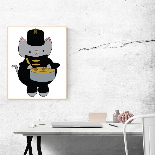 Póster Banda de marcha Gato Snare Drum Black and Gold (A poster of a cat in a black and gold marching band uniform playing the snare drum.)