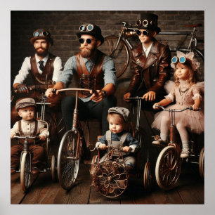 Póster Banda Steampunk Bicycle Gang 3 Adultos 3 Niños