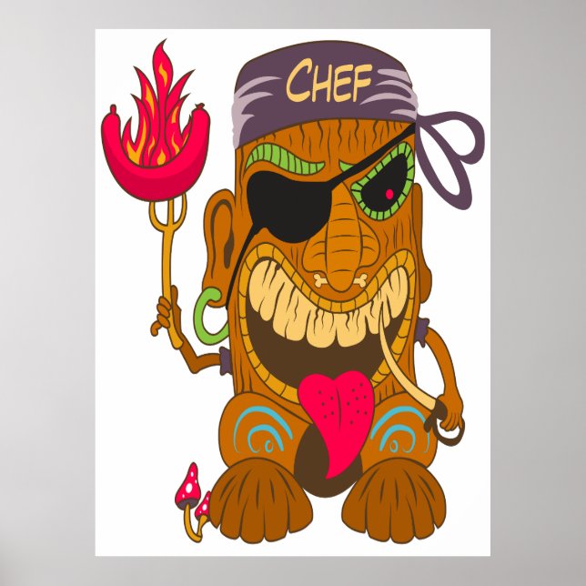 Póster Bandana Tiki Chef con salchicha quemada, divertido (Frente)