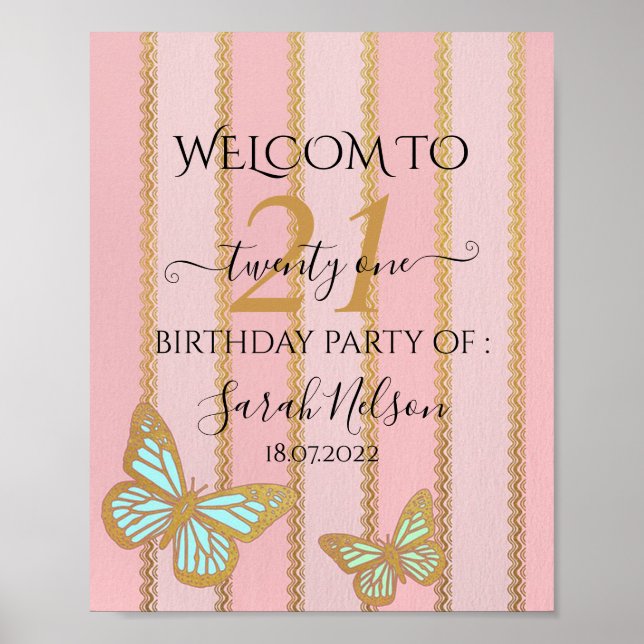 Póster Bandas de oro rosadas y mariposa (Frente)