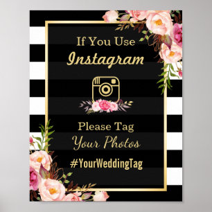 Póster Bandas florales rosadas doradas Rótulo Boda de I
