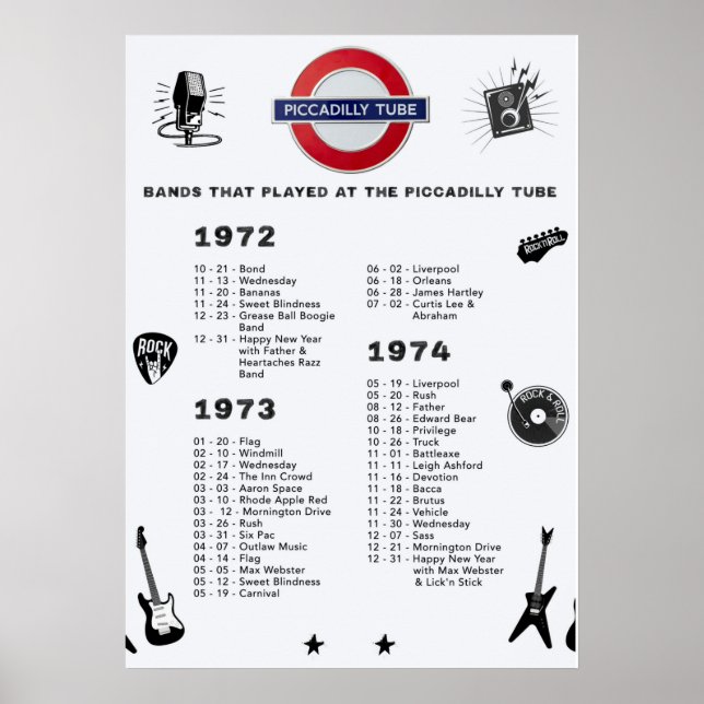 Póster Bandas - Piccadilly Tube 1972 1973 1974 (Frente)