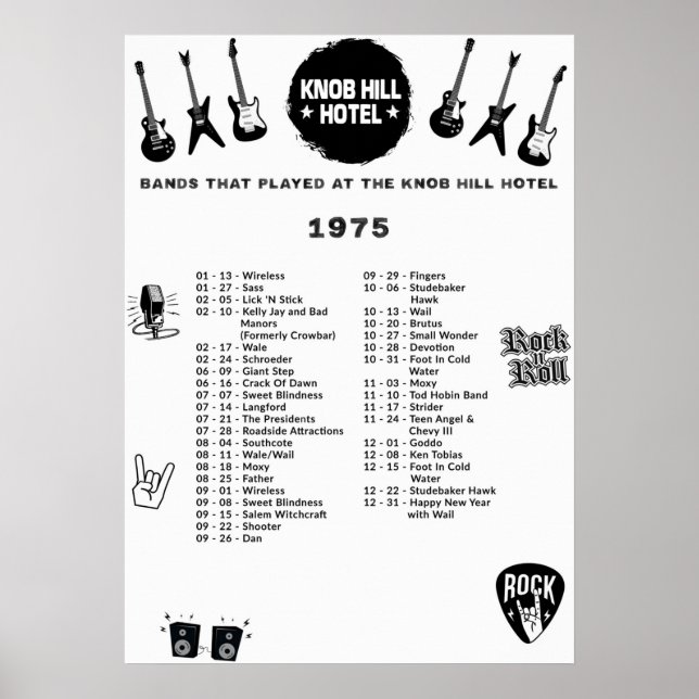 Póster Bandas Que Jugaron En El Knob Hill Hotel 1975 (Frente)