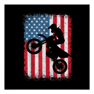 Póster Bandera Americana De Moto De Tierra Motocross Bike