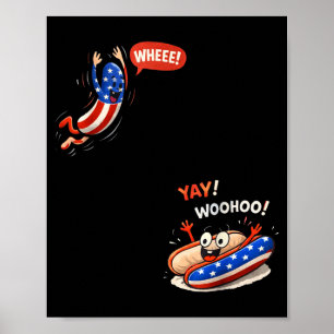 Póster Bandera americana divertida salchicha saltando en 
