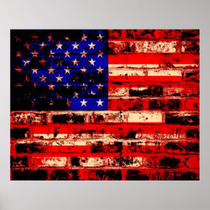 Póster Bandera americana en la pared de ladrillo vieja