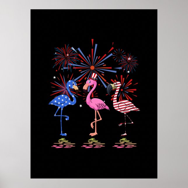 Póster Bandera Americana Flamingo Para El 4 De Julio (Frente)